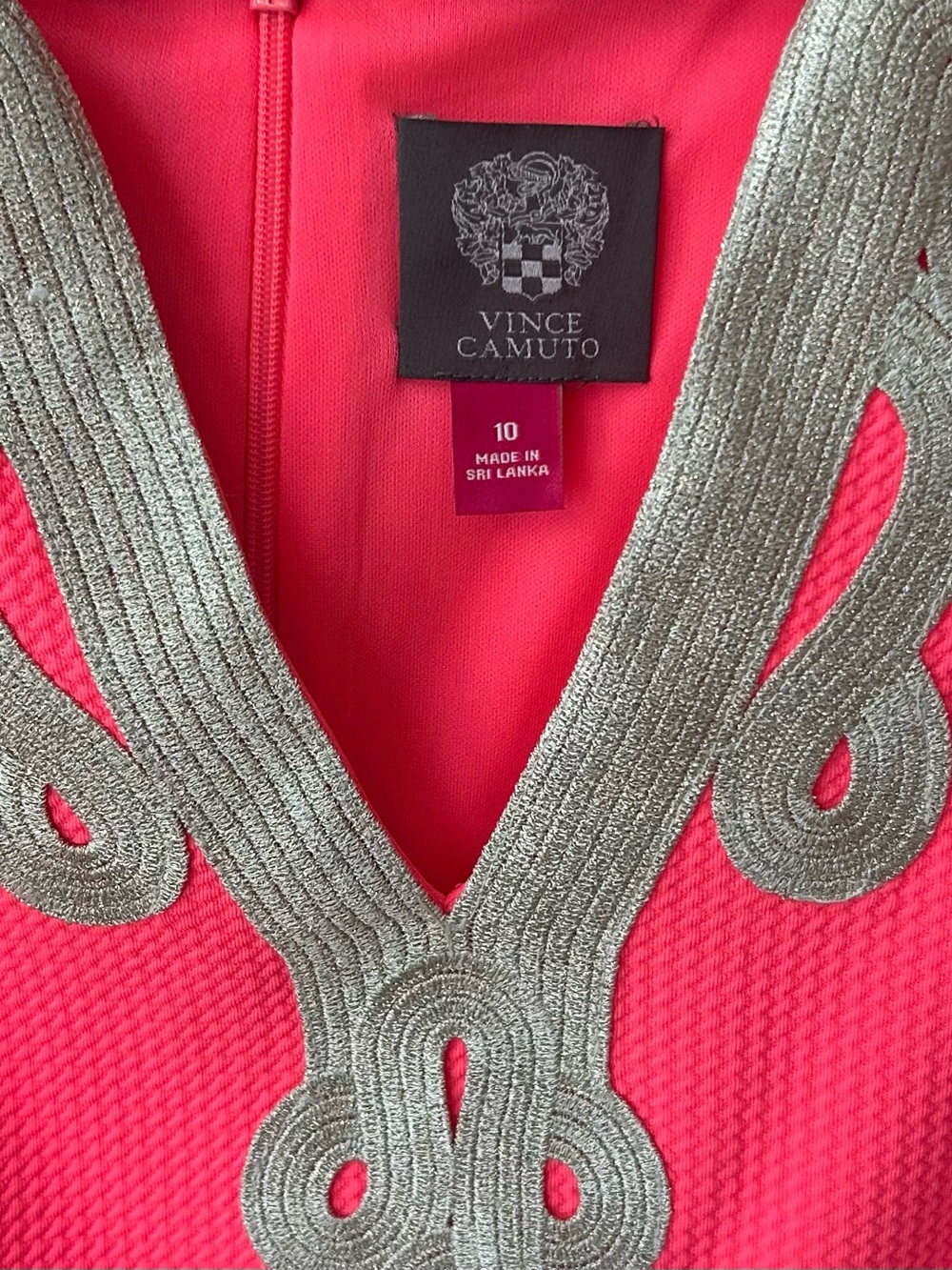 Vince Camuto Bright Coral Pink Dress with Silver Embroidered V-Neck - Picture 2 of 6